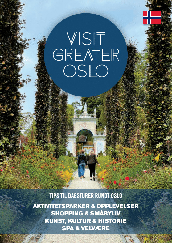 Promoteringsplakat for Visit Greater Oslo med to personer som går gjennom en blomsterdekorert park, omgitt av tekst om dagsturer og opplevelser.