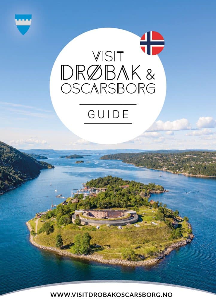 Turistbrosjyre med bilde av festningsøya Oscarsborg i Oslofjorden