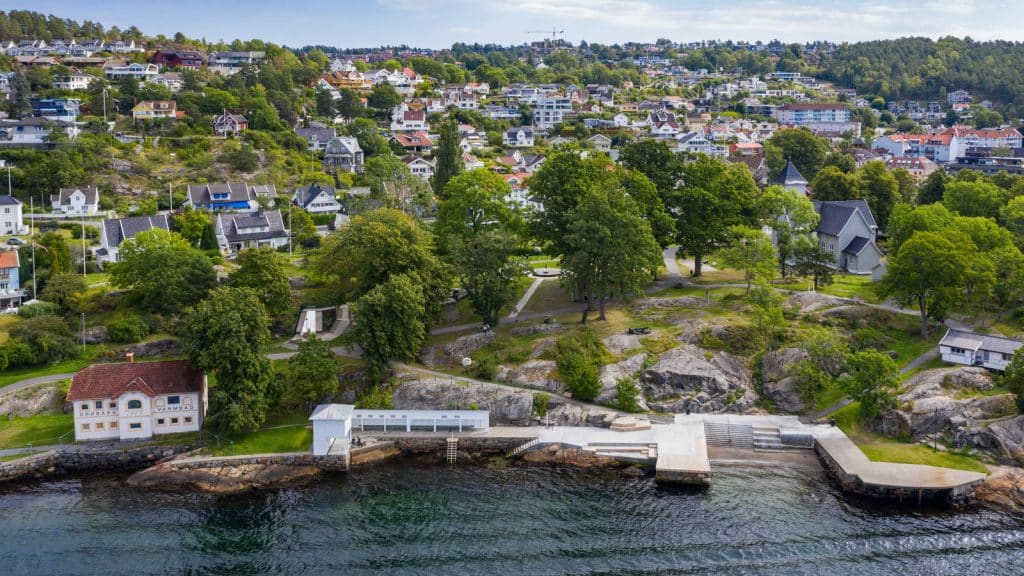 Dronebilde av en park med strand og bygninger i et sentrum