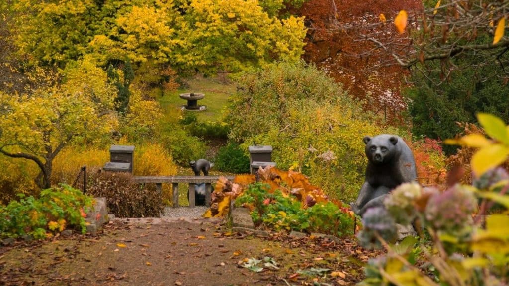 Høst i hagen på Asker museum. Skulptur av en bjørn og en katt