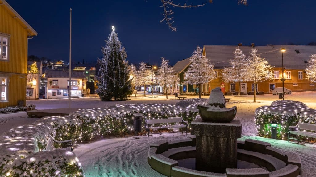 Julelys og juletre på et torg om natten dekket i snø