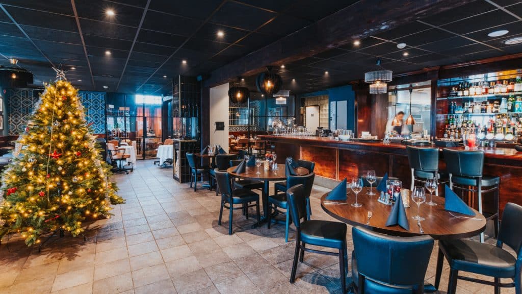 Christmas decorated restaurant with Christmas tree