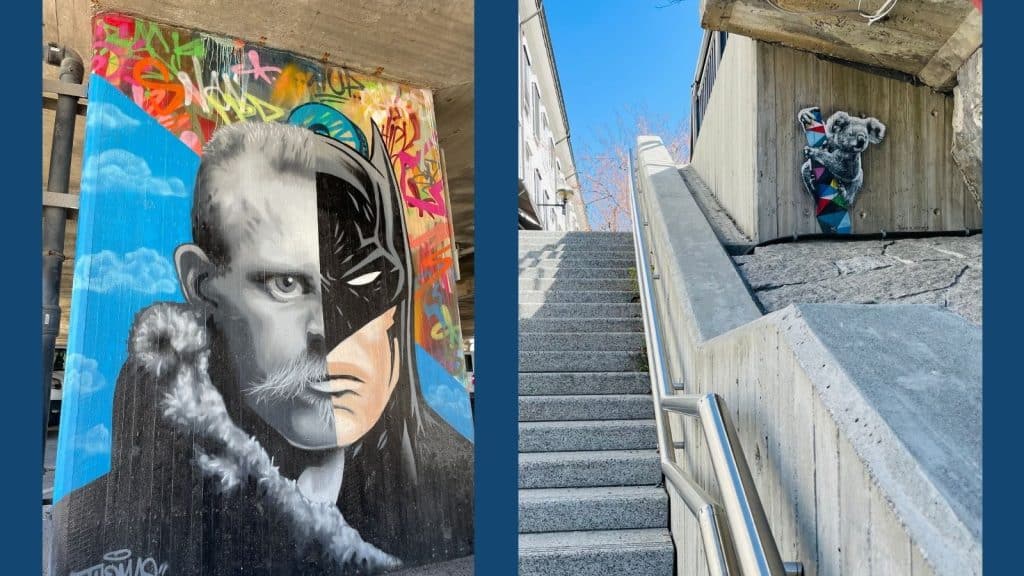 Gatekunst på betogvegg i Sandvika by. En liten koala og en miks av en gammel mann og batman