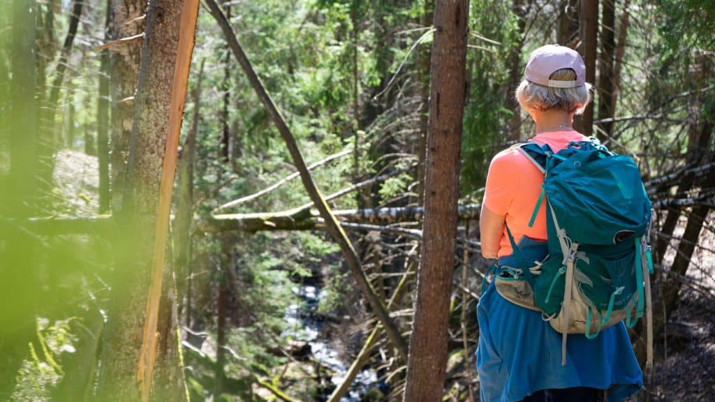 Dame som går i skogen med sekk