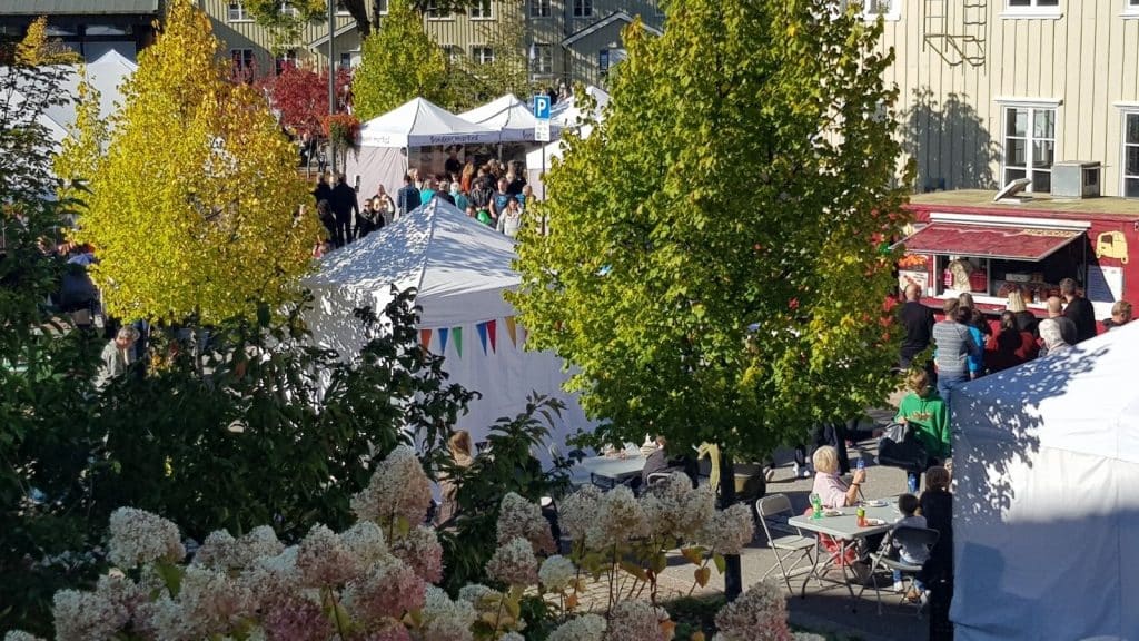 mennesker og boder på en festival